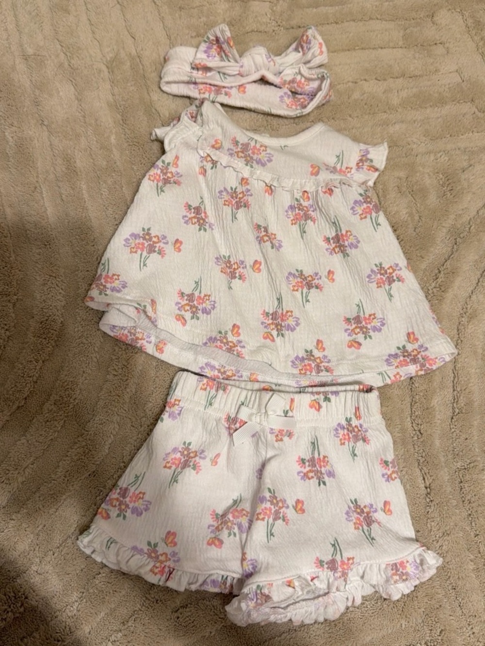 Girls White Floral Matching Set with Headband - Kids Matching Sets